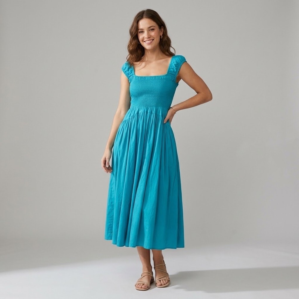 La Ligne Vivian Midi Dress 100% Cotton Cerulean Blue Smocked Pockets Size Small